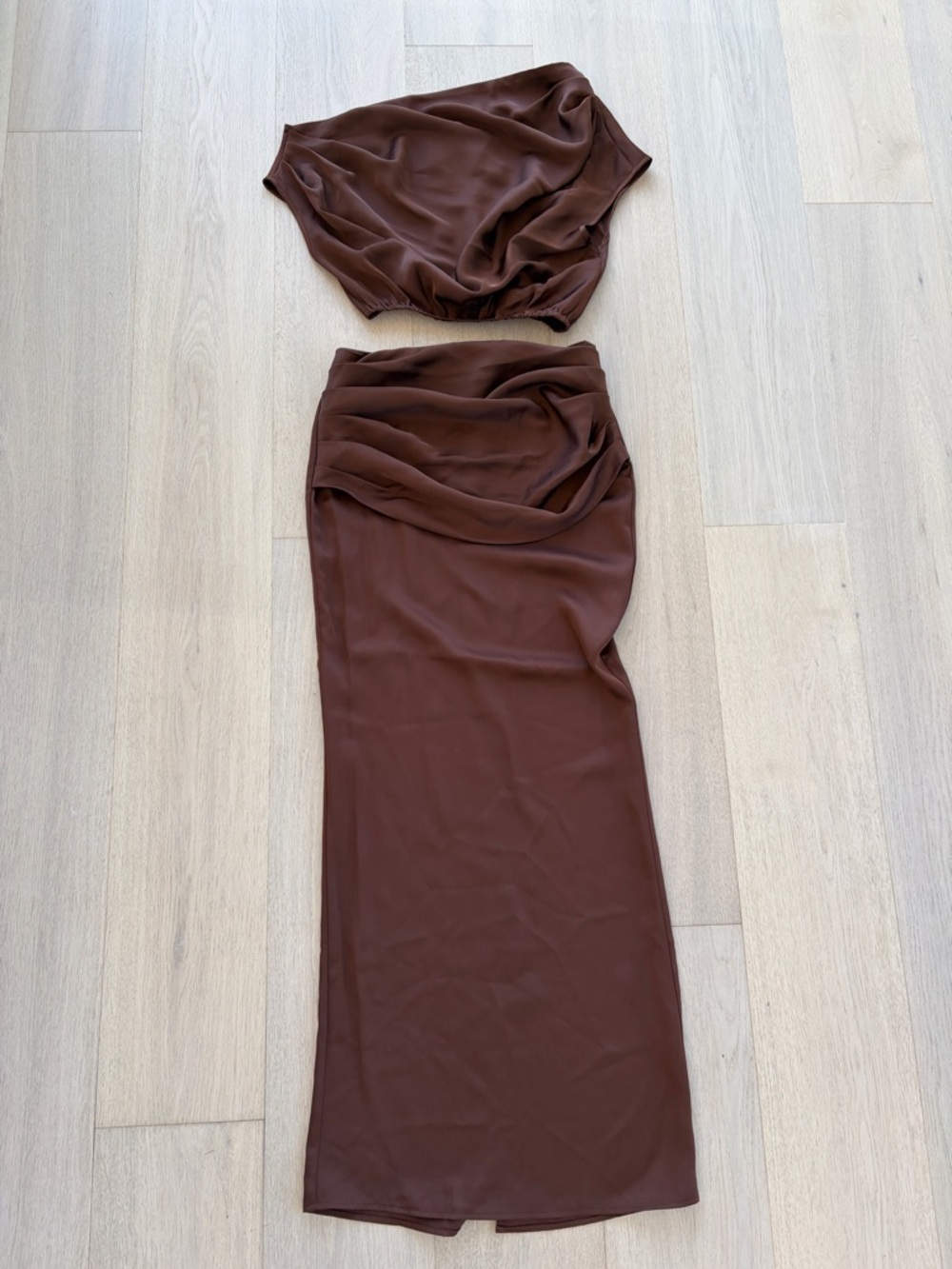 Club L London Brown Draped Maxi Skirt + Off Shoulder Top